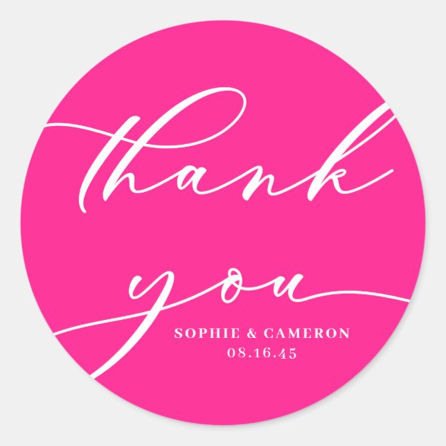 Hot Pink Calligraphy Wedding Danke Runder Aufkleber (Vorderseite)