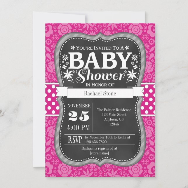 Hot Pink Chalkboard Floral Baby Dusche einladen Einladung (Vorderseite)