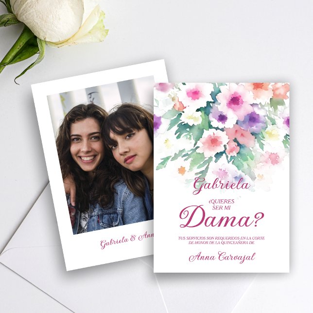 Hot Pink Charming Delicate Wildflowers Quinceañera Einladung (Hot Pink Spanish Charming Delicate Colorful Wildflowers Quinceañera Dama with Photo Proposal Card. )