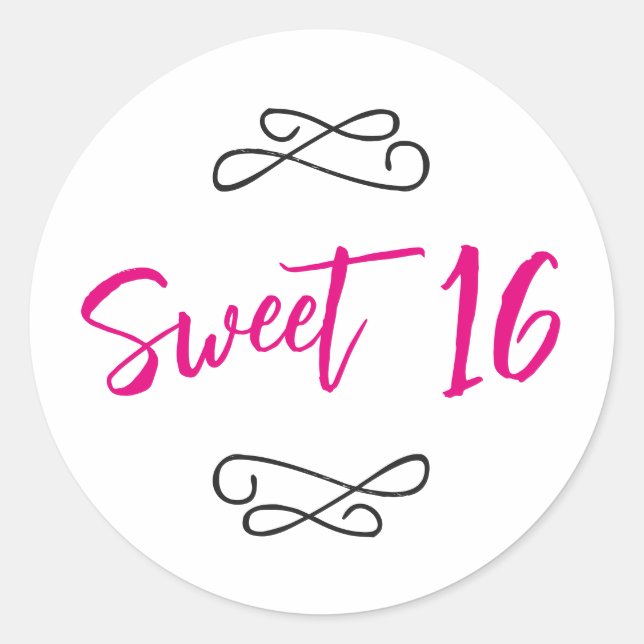 Hot Pink Chic Doodle Modernes Script Sweet 16 Runder Aufkleber (Vorderseite)