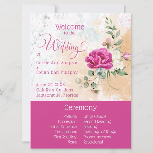 Hot-Pink-Color-Splash-Hochzeitsprogramm Einladung (Vorderseite)