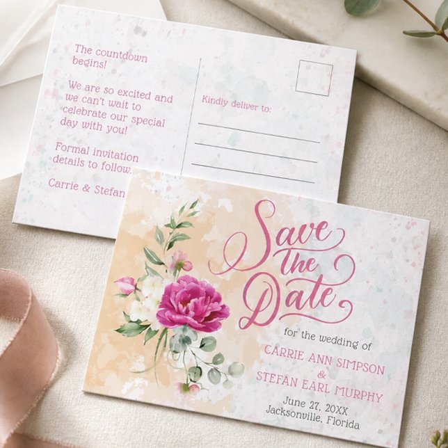 Hot Pink Color Splash Wedding Save the Date Postkarte (Von Creator hochgeladen)
