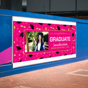 Hot Pink Congrats Graduate Custom Photo Graduation Banner