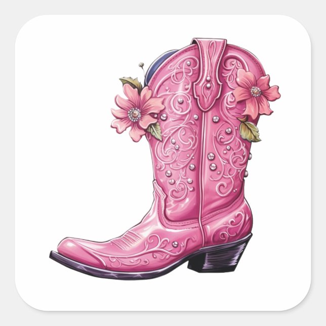 Hot Pink Cowgirl Boot Howdy Quadratischer Aufkleber (Vorderseite)