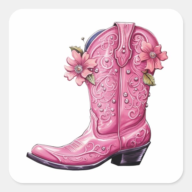 Hot Pink Cowgirl Boot Howdy Quadratischer Aufkleber (Vorderseite)
