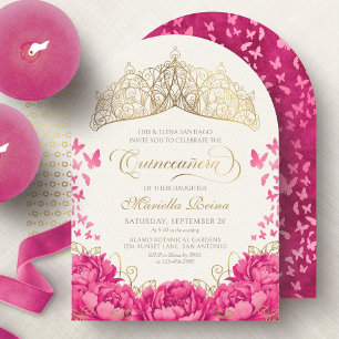 Hot Pink Crown Butterfells Elegantes Quinceanera Einladung