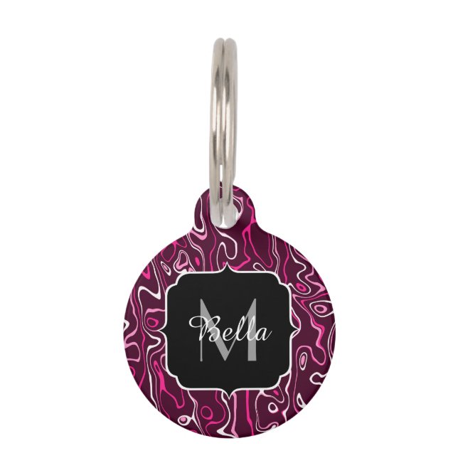 Hot pink damascus abstract swirls Custom Monogram Haustiermarke (Vorderseite)