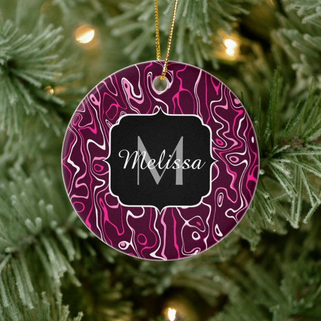 Hot pink damascus abstract swirls Custom Monogram Keramik Ornament (Baum)