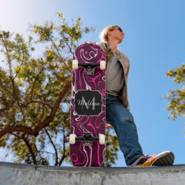 Hot pink damascus abstract swirls Custom Monogram Skateboard