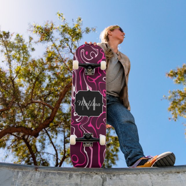 Hot pink damascus abstract swirls Custom Monogram Skateboard (Außenbereich 1)