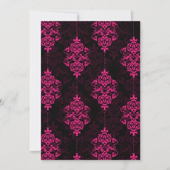 Hot Pink Damask & Black Wedding Einladung (Vorderseite)