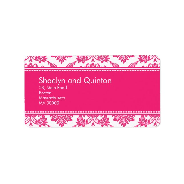Hot Pink Damask Hochzeitadressen-Labels Adressaufkleber (Vorne)