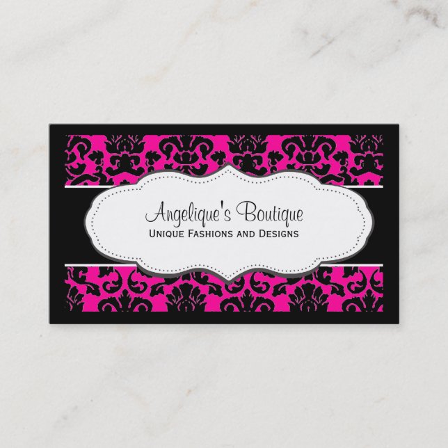 Hot Pink Damask mit schwarzem Rahmen Business Card Visitenkarte (Vorderseite)