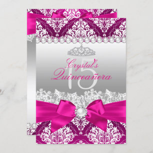 Hot Pink Damask & Pearl Bow Quinceanera Einladung