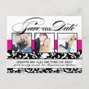 Hot Pink Damask Save the Date Ankündigungspostkarte