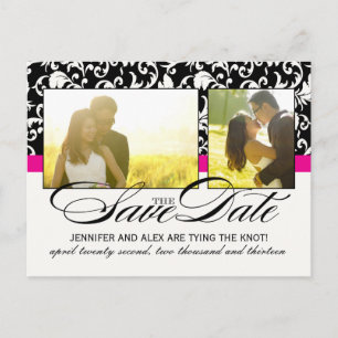 Hot Pink Damask Save the Date Ankündigungspostkarte
