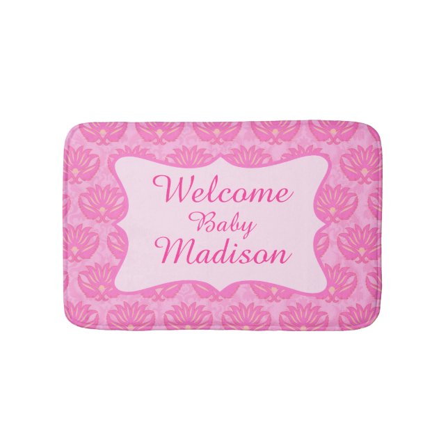 Hot Pink Damask Willkommensname Personalisiert Bab Badematte (Vorderseite)