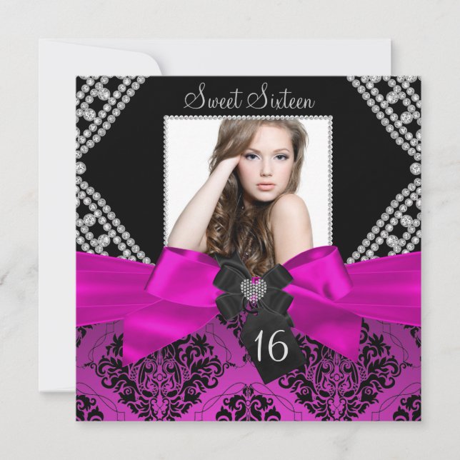 Hot Pink Diamond Bow & Black Damask Foto Sweet 16 Einladung (Vorderseite)