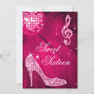 Hot Pink Disco Ball und Sparkle Heelse Sweet 16 Einladung