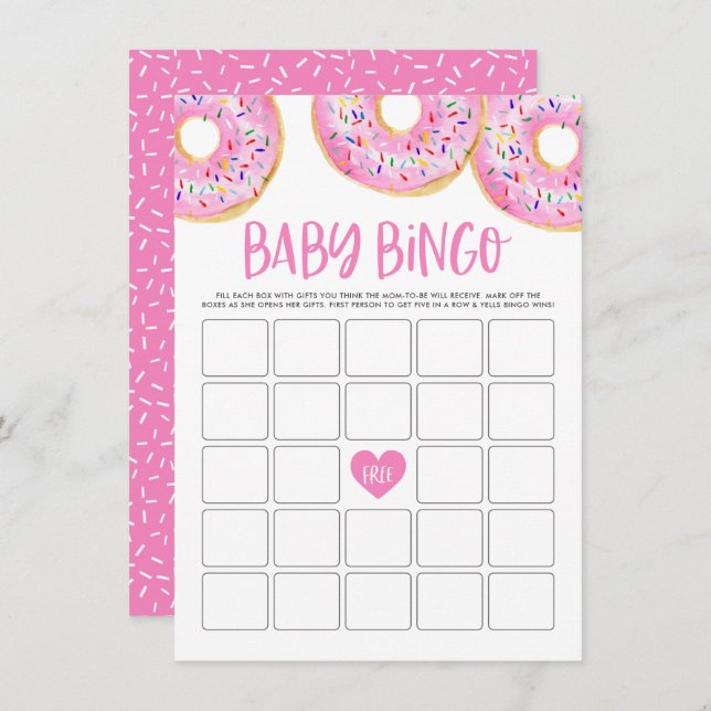 Hot Pink Donuts Kinderdusche Bingo Game Card Begleitkarte (Vorne/Hinten)
