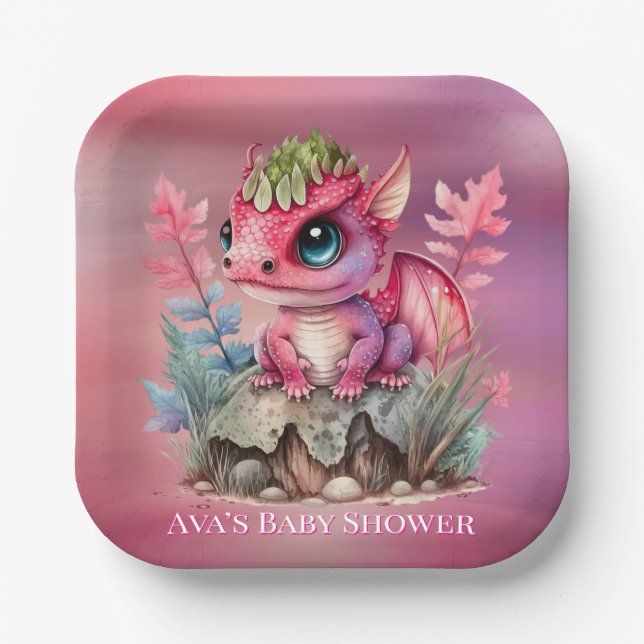 Hot Pink Dragon Girl Babydusche Pappteller (Vorderseite)