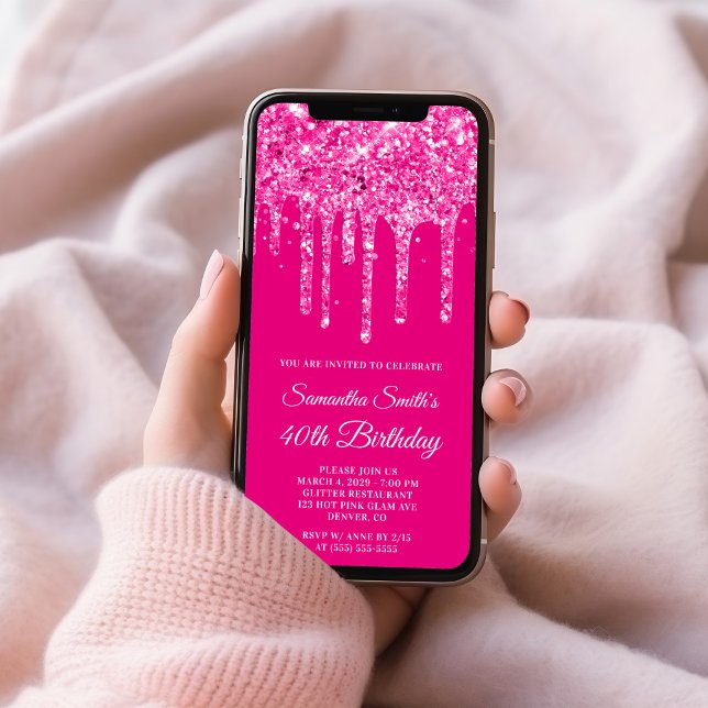 Hot Pink Dripping Glitzer 40. Geburtstag Einladung (Hot Pink Dripping Glitter 40th Birthday Invitation)