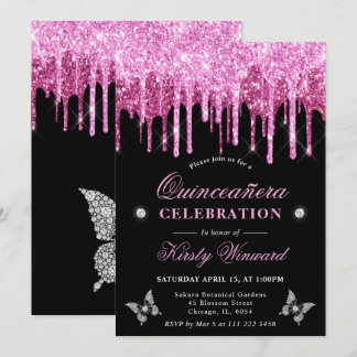 Hot Pink Driving Glitzer Quinceanera Einladung