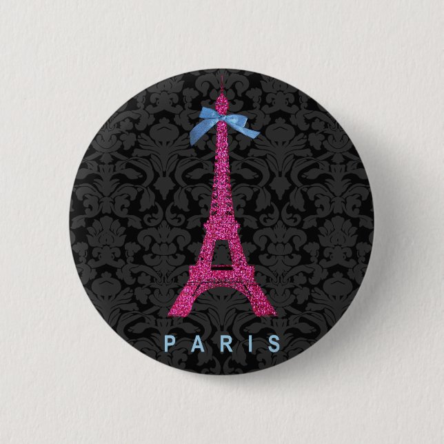 Hot Pink Eiffelturm in Imitate Glitzer Button (Vorderseite)