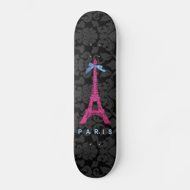 Hot Pink Eiffelturm in Imitate Glitzer Skateboard (Vorderseite)