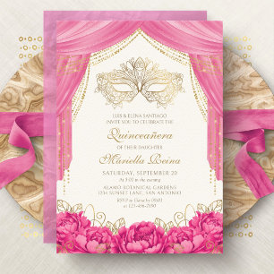 Hot Pink Elegante Masquerade Quinceanera Einladung