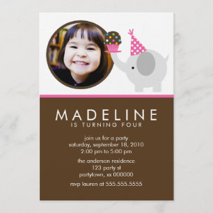 Hot Pink Elephant und Cupcake Foto Geburtstag Einladung