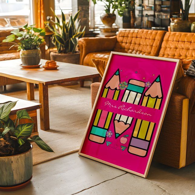 Hot Pink farbenfroh Lehrerin Cartoon Bleistift-Pos Poster (Von Creator hochgeladen)