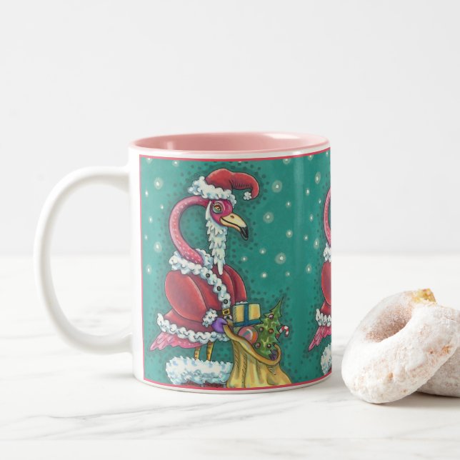 HOT PINK FLAMINGO IN FUNNY SANTA CLAUS ANZUG TASSE (Mit Donut)