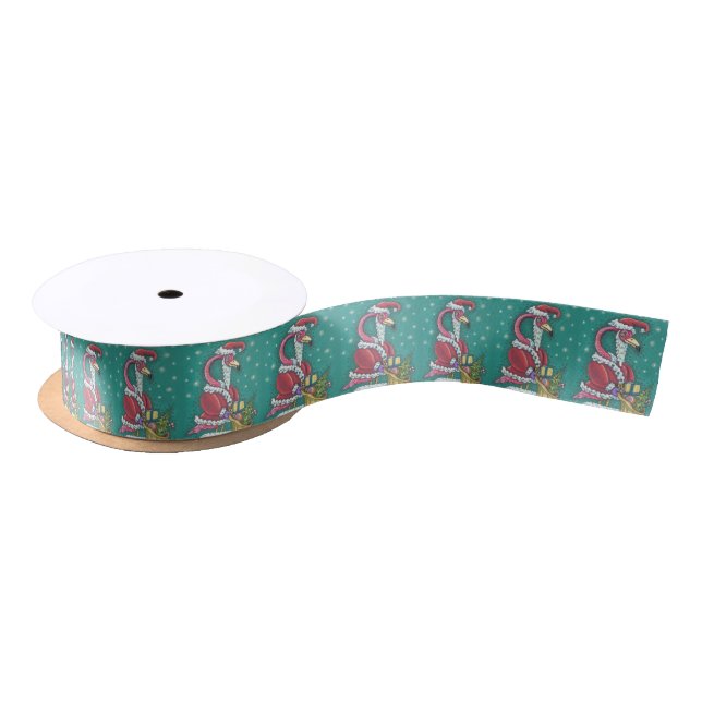 HOT PINK FLAMINGO SANTA, CHRISTMAS GIFTWRAP RIBBON SATINBAND (Spule)
