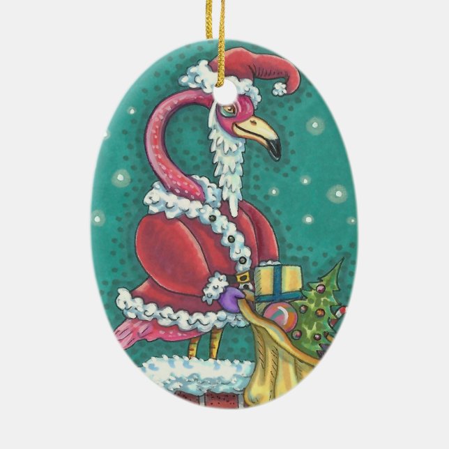 HOT PINK FLAMINGO SANTA, CHRISTMAS ORNAval Keramik Ornament (Hinten)