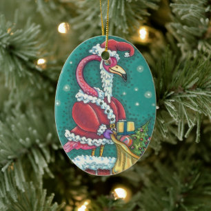 HOT PINK FLAMINGO SANTA, NIEDLICH CHRISTMAS BIRD 2 KERAMIK ORNAMENT