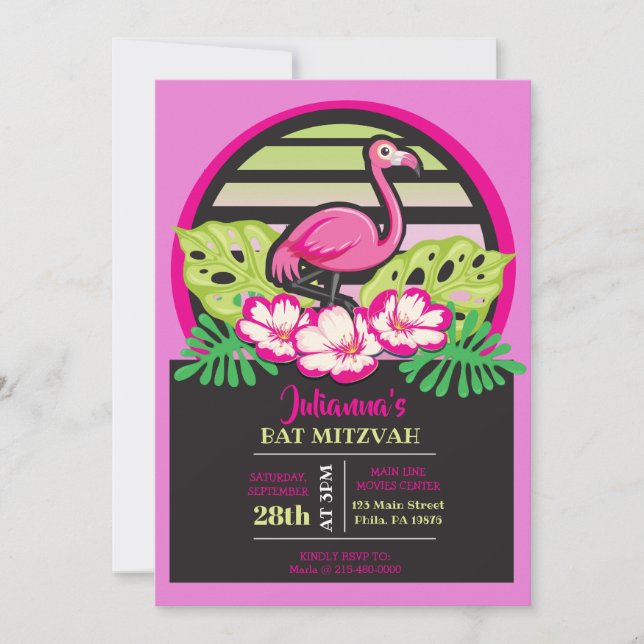 HOT PINK FLAMINGO Tropical Bat Mitzvah Einladung (Vorderseite)