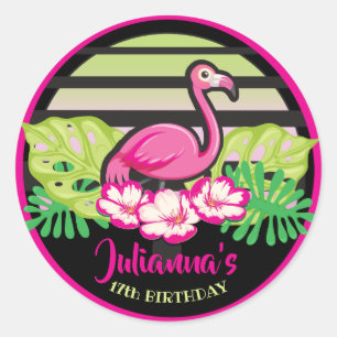 HOT PINK FLAMINGO Tropische Blätter Rund ums Label Runder Aufkleber