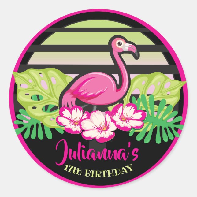 HOT PINK FLAMINGO Tropische Blätter Rund ums Label Runder Aufkleber (Vorderseite)