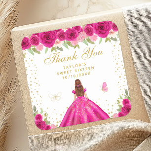 Hot Pink Floral Brown Haar Princess 16 . Geburtsta Quadratischer Aufkleber