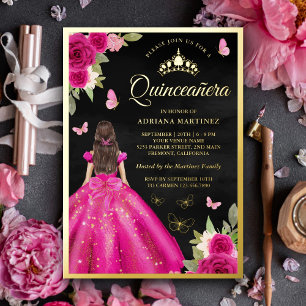 Hot Pink Floral Butterfly Black Quinceanera Gold Folieneinladung