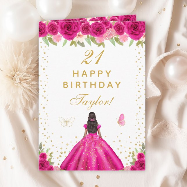 Hot Pink Floral Dark Skin Girl Happy Birthday Karte (Von Creator hochgeladen)