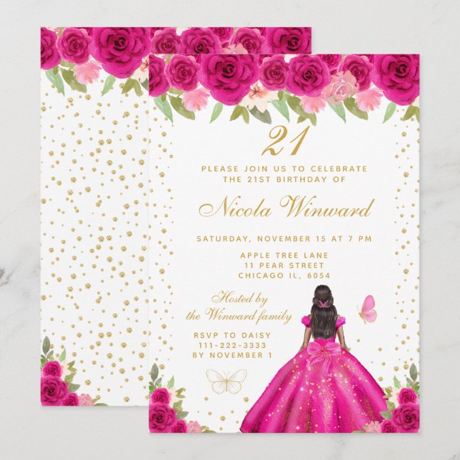 Hot Pink Floral Dark Skin Princess Birthday Party Einladung (Vorne/Hinten)