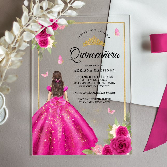 Hot Pink Floral Dress Butterfly Gold Quinceanera Acryleinladungen (Von Creator hochgeladen)