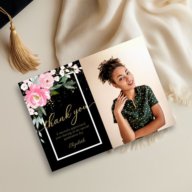 Hot Pink Floral Foto Abschluss Danke Karte (Von Creator hochgeladen)