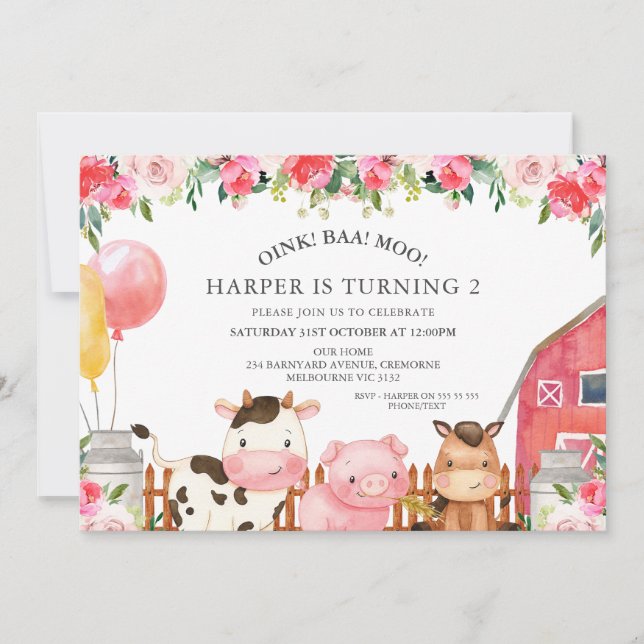 Hot Pink Floral Landtiere Ballons Geburtstag Einladung (Vorderseite)