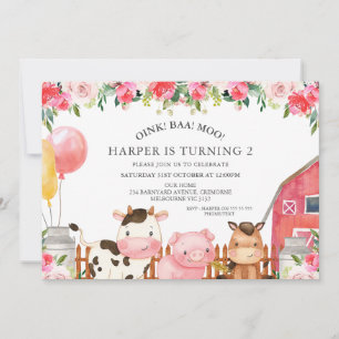 Hot Pink Floral Landtiere Ballons Geburtstag Einladung