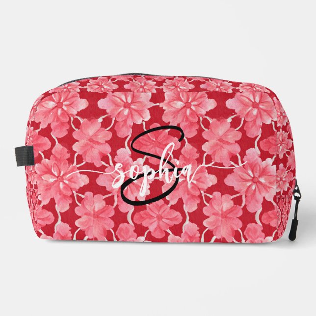 Hot Pink Floral Monogram Name Script Toiletry Bag Waschbeutel (Vorderseite)