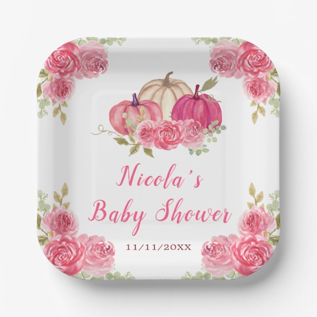 Hot Pink Floral Pumpkins Baby Dusche Pappteller (Vorderseite)