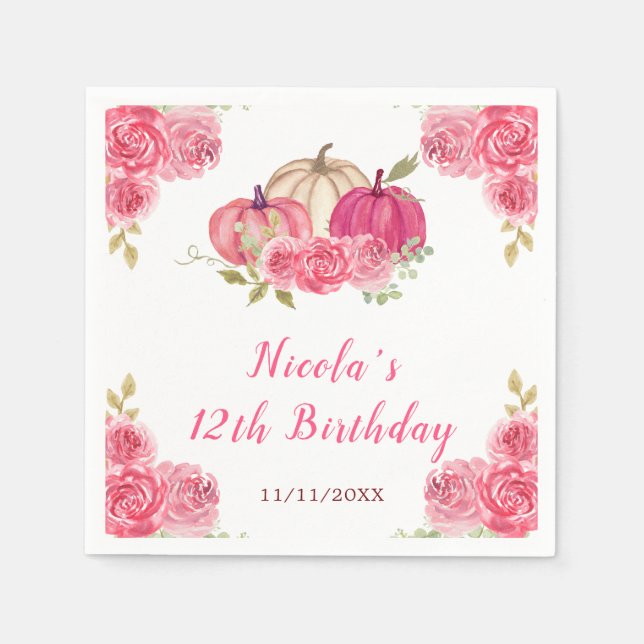 Hot Pink Floral Pumpkins Geburtstag Serviette (Vorderseite)